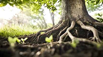 Close-Up View of Tree Roots Emerging from Soil with Green Sprouts Beneath Sunlit Canopy