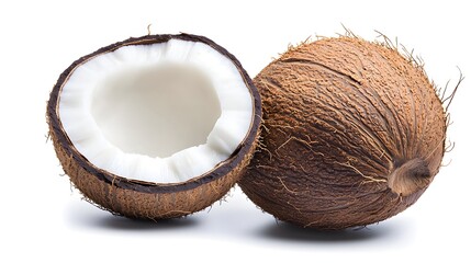 Fresh Brown Coconut With Cut Open Half Revealing White Edible Inner Flesh On White Background