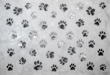  Simple yet impactful image of dog paw prints forming a pattern on a smooth, light gray concrete surface.