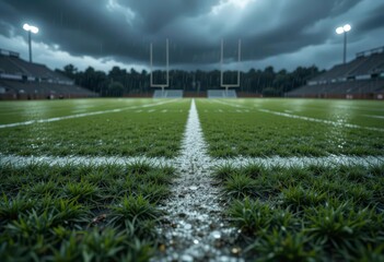 Obraz premium Liquid Mirror Football Field Reflecting a Stormy Sky Above