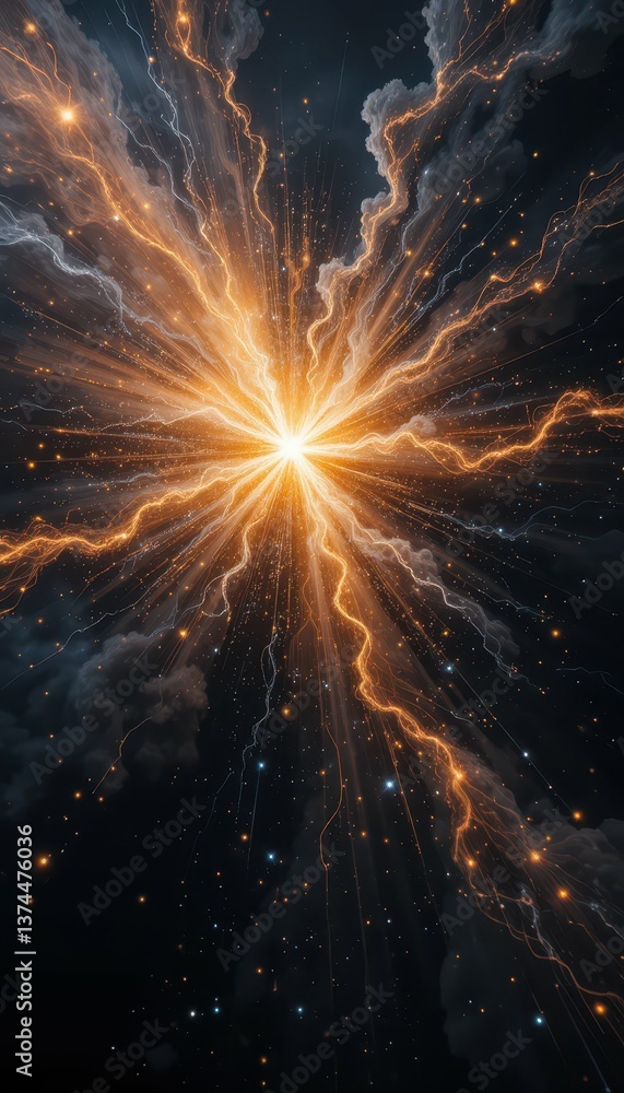 Poster radiant explosion of light with dynamic flare and cosmic elements