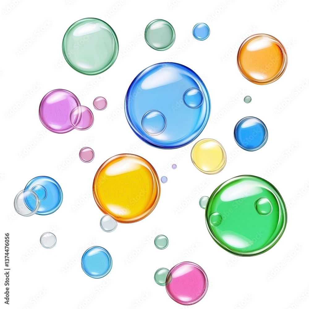 Poster a colorful translucent bubbles of various sizes float against transparency background, creating play