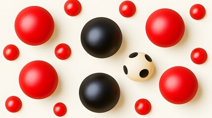 Abstract Composition of Colorful Spheres in Red Black and White on a Light Background