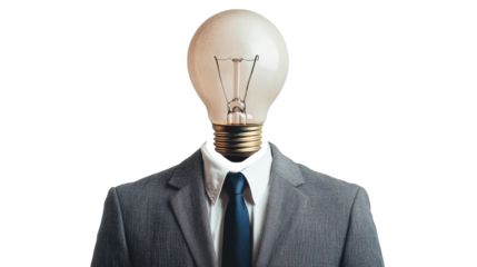 Light bulb head businessman in suit on black background, cut out transparent