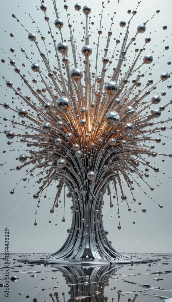 Poster abstract sculpture design with metallic spheres and dynamic lines