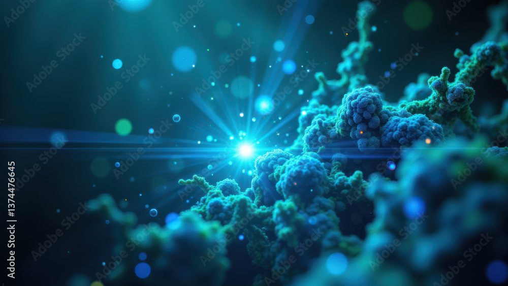 Poster a 3d rendering of glp-1 molecules with a vibrant neon glow effect.