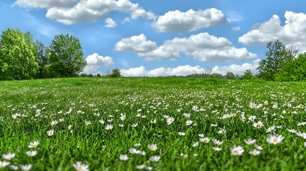 Vibrant Field of Daisies Under a Bright Blue Sky with Fluffy White Clouds in Summer Landscape