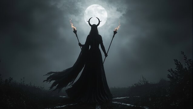Silhouette of Greek goddess Hecate holding torches at moonlit crossroads blending into shadows Mythical and mysterious scene