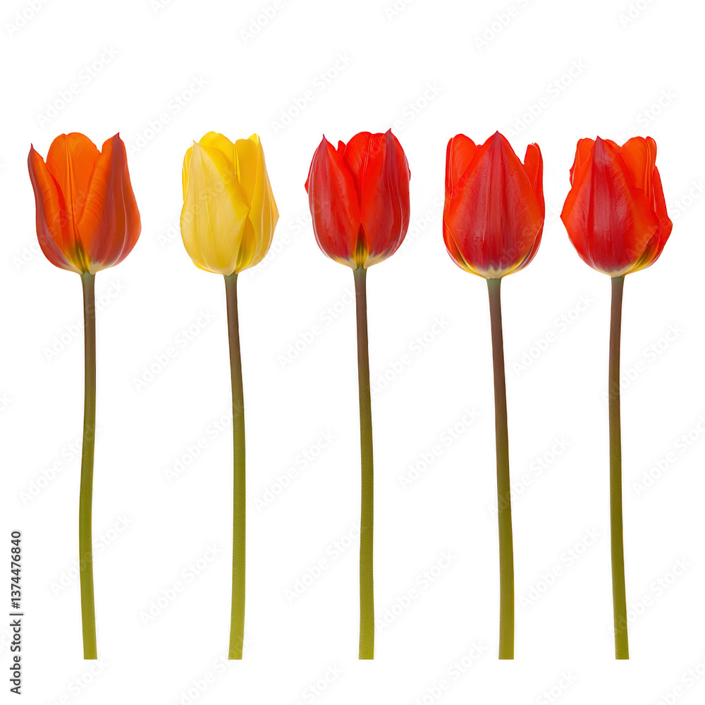 Poster a five vibrant tulips in row display gradient of colors from orange to red, with single yellow tulip