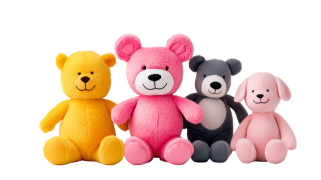 Teddy bears and puppy plush toys in a row isolated , cut out transparent