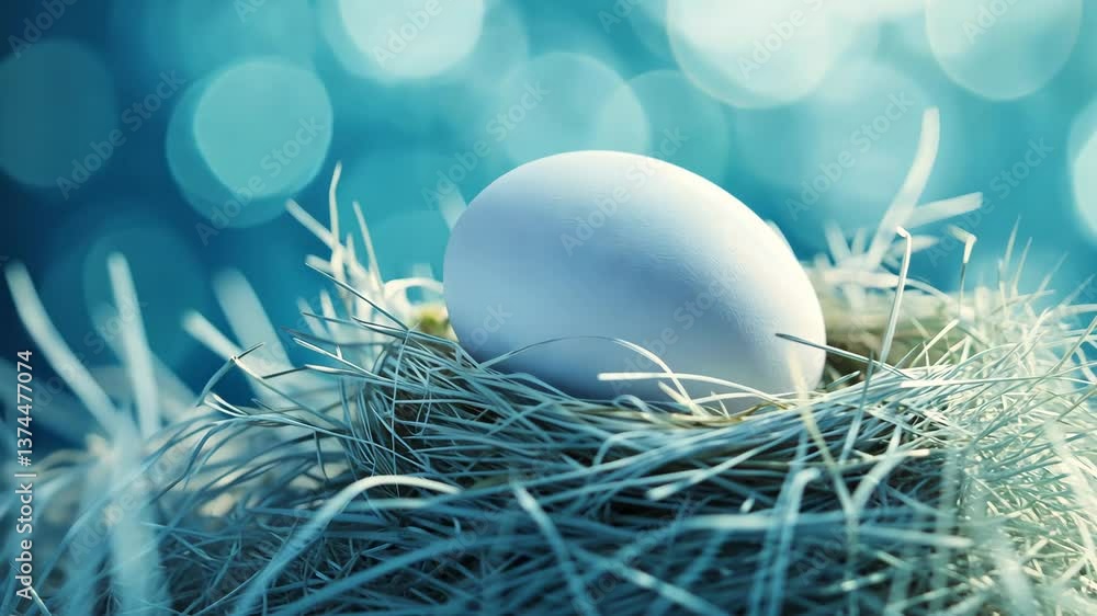 Poster white egg resting in a nest with soft blue bokeh background, concept of new life