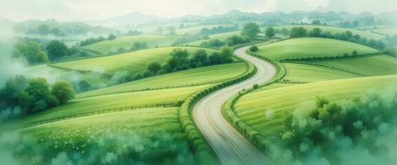 Fototapeta premium Watercolor Aerial Road Winding Through Lush Green Fields, Soft Focus, Dreamy Landscape Painting