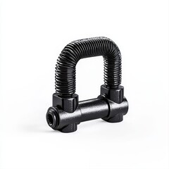 Close-up of a black U-shaped flexible connector with rigid central section and corrugated tubing featu threaded fittings for versatile applications