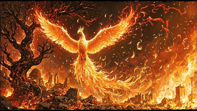 Majestic Simurgh phoenix in fiery Tree of Life dropping feathers to create Zoroastrian faravahar symbols over ancient Persepolis ruins