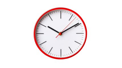 Red wall clock shows ten past ten, time management concept, cut out transparent