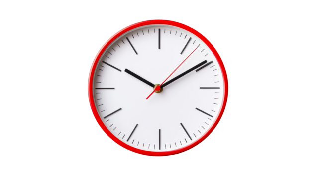 Red wall clock shows ten past ten, time management concept, cut out transparent