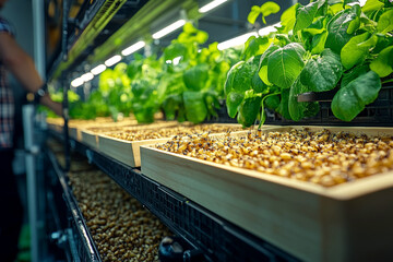 Sustainable insect and plant farming in vertical system, trays of larvae and leafy greens under LED lights in indoor facility