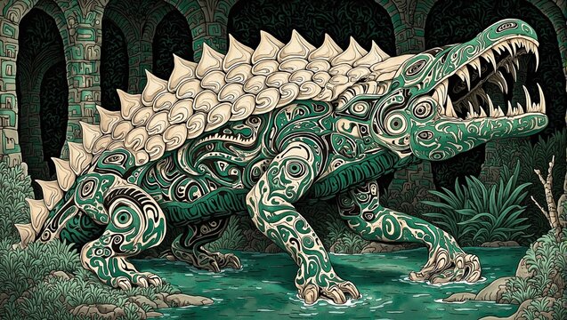 Majestic Mori river guardian with whalebone scales protecting sacred springs amidst carved palisades and flowing warrior ta moko tattoos