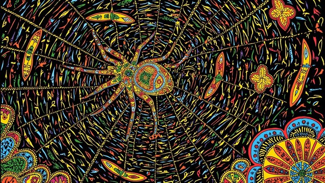 Bright kente cloth web woven by Anansi the spider entwined with folklore melodies and firefly lit proverbs in Twi script
