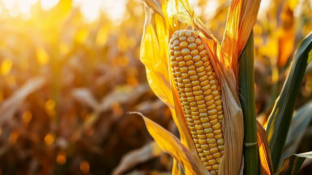 Ripe corn cob in a sunlit field during golden hour, agricultural produce