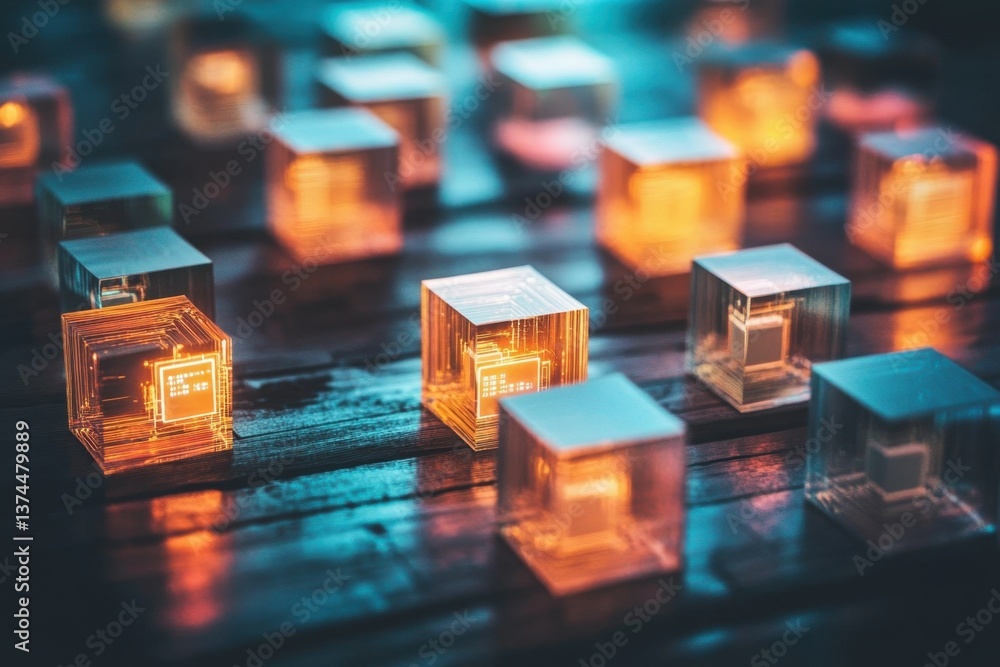 Fototapete A set of digital blocks with data inside signifying a blockchain ledger.