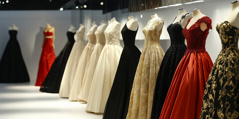 Elegant evening gowns showcased in a luxury setting Generative AI