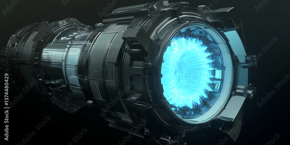 Poster futuristic space engine emits glowing blue light in darkness generative ai