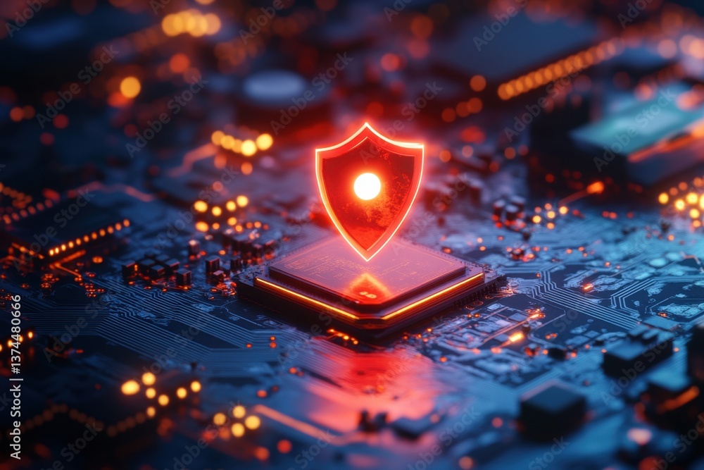 Poster this photo shows a computer chip with a red shield glowing on its surface a map pin protected by a d