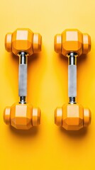 Yellow dumbbells on yellow background, fitness, workout, healthy lifestyle, gym equipment, stock photo