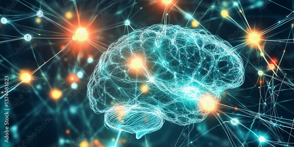 Poster Neural network brain visualization with glowing nodes and connections Generative AI