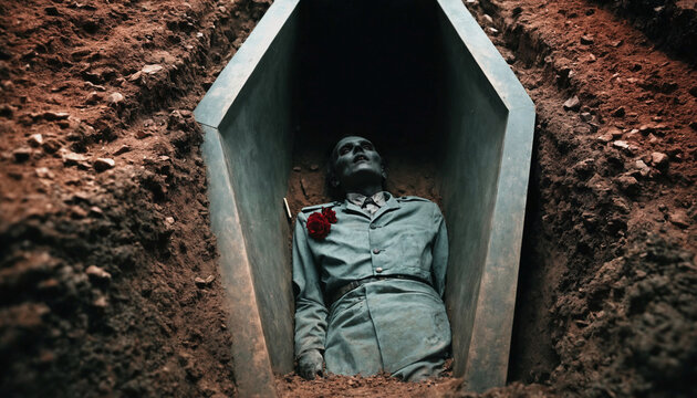 abstract creepy, an open coffin in a cemetery with a creature or figure whose bones serve as remains, horror and halloween