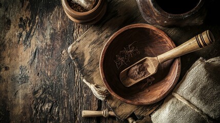 Rustic wooden mortar and pestle with spices on dark wood background