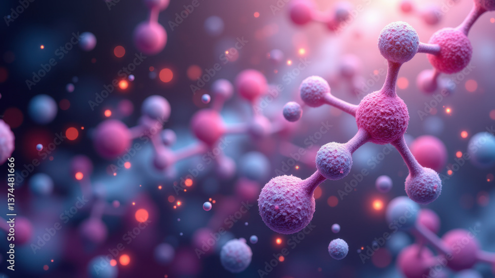Poster an artistic representation of a molecule of glp-1, showcasing its intricate structure with pink sphe