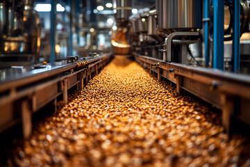 beetles on automated conveyor belt in modern facility, insect protein processing for sustainable food source