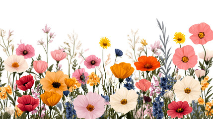 Colorful floral border with poppies, daisies, bluebells, meadow plants, cut out transparent