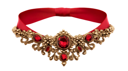 Red ribbon necklace with ornate gold trim, cut out transparent