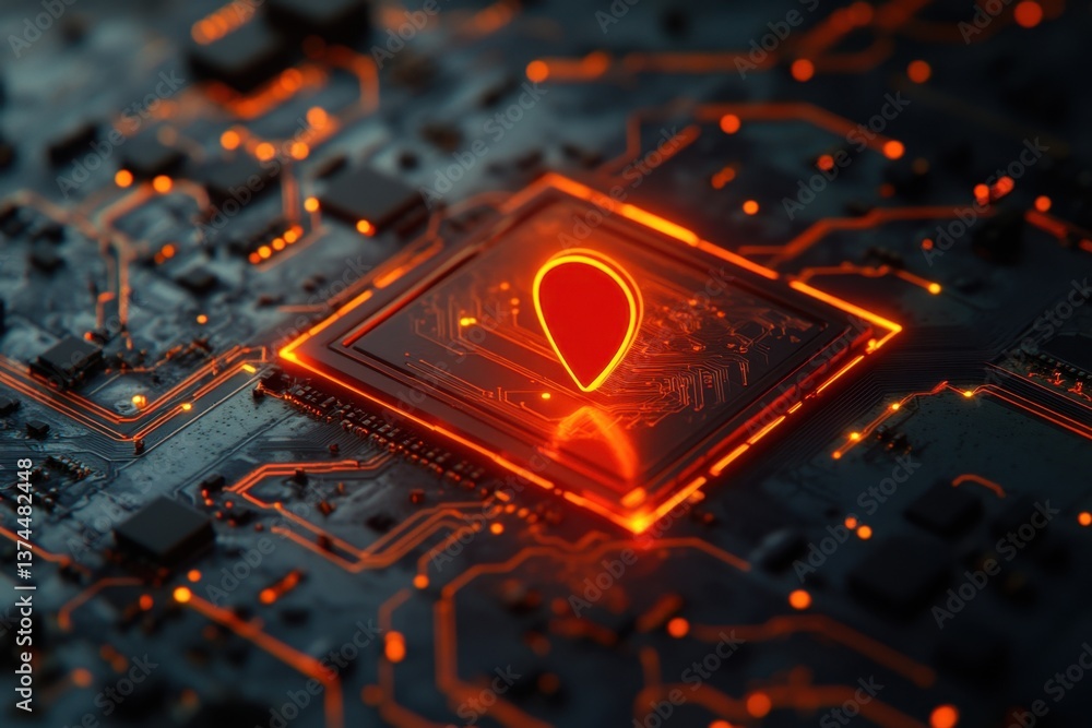 Poster this photo shows a computer chip with a red shield glowing on its surface a map pin protected by a d