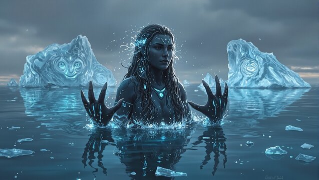 Experience the mystical Inuit sea goddess emerging from icy waters adorned with narwhal tusk fingers bioluminescent hair and spirit filled icebergs