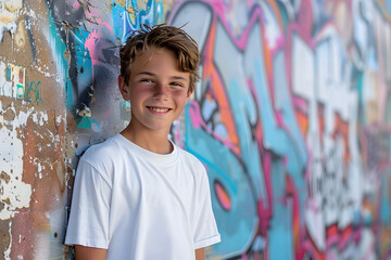 Fototapeta premium A smiling boy wearing a plain white t-shirt, standing in a street scene