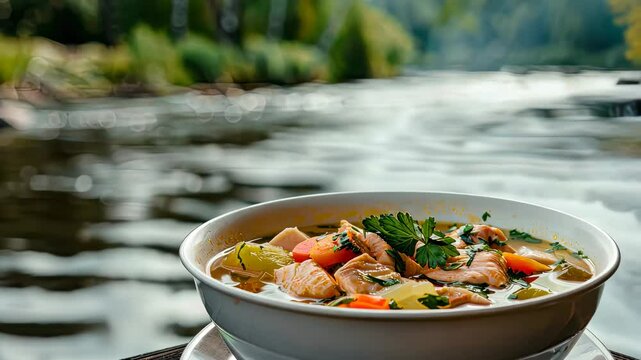 Fish soup on a beautiful background. Selective focus. food.