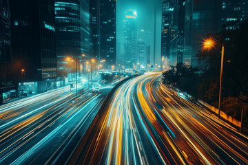 Night Cityscape with Light Trails from Traffic and Modern Architecture