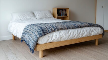 Cozy light wood platform bed with white duvet and blue striped throw blanket on light wood floor beside small wooden bookshelf for stylish decor