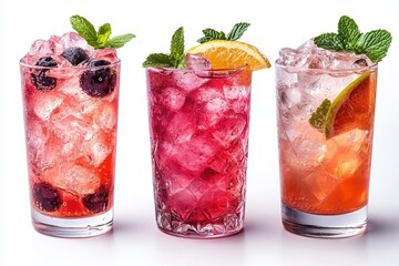 Trio of Refreshing Cocktails: Three vibrant cocktails stand in a row, adorned with garnishes and icy coolness, offering a refreshing and visually appealing beverage. 