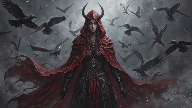 Experience the haunting allure of the Celtic goddess of war the Morrigan surrounded by swirling crows in a crimson cloak amidst an ominous storm