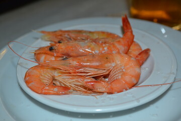 Delicious spanish seafood dish featuring fresh shrimp on a white plate. Spanish tapas
