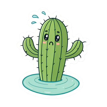 recommend clip art: Cute cartoon cactus with sad expression and water droplets in sticker design