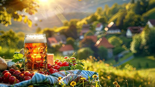 Beer and snacks against the backdrop of the German village. Selective focus. drink.