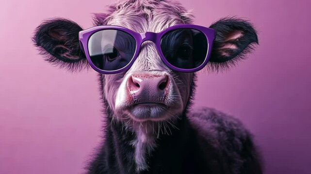 Stylish cow wearing purple sunglasses against a pink background, humorous portrait