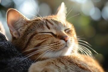 Purrfect Serenity: Capturing the blissful contentment of a tabby cat bathed in soft sunlight, a portrait of feline peace and relaxation. The image evokes warmth and tranquility.