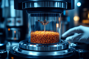 mealworms packed in a transparent processing capsule for protein extraction, modern food innovation concept